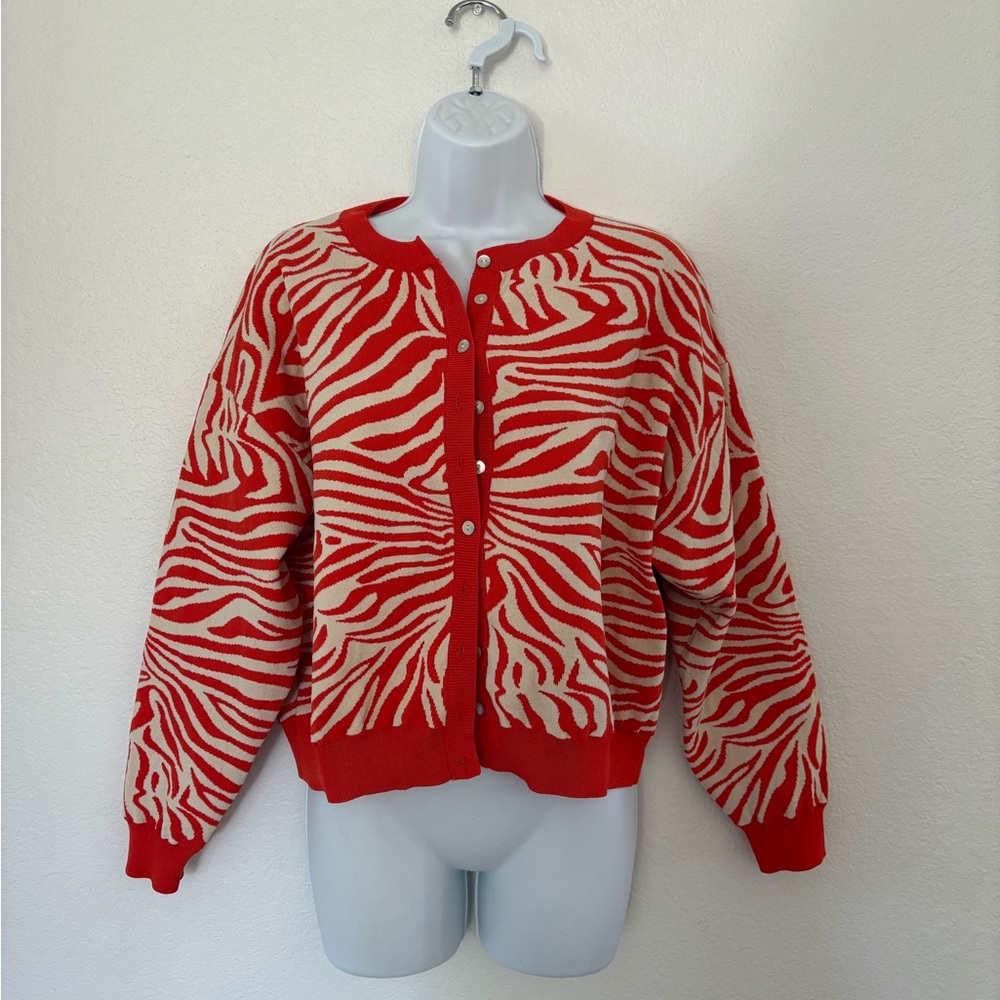 ZARA orangey red and cream Zebra Print Women's Sweater S